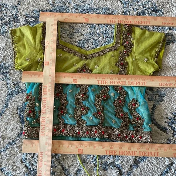 G3 Green Blue Ombre Beaded Zardozi Embroidered Lehenga Choli 2 Piece Set Size 6 - Picture 7 of 8